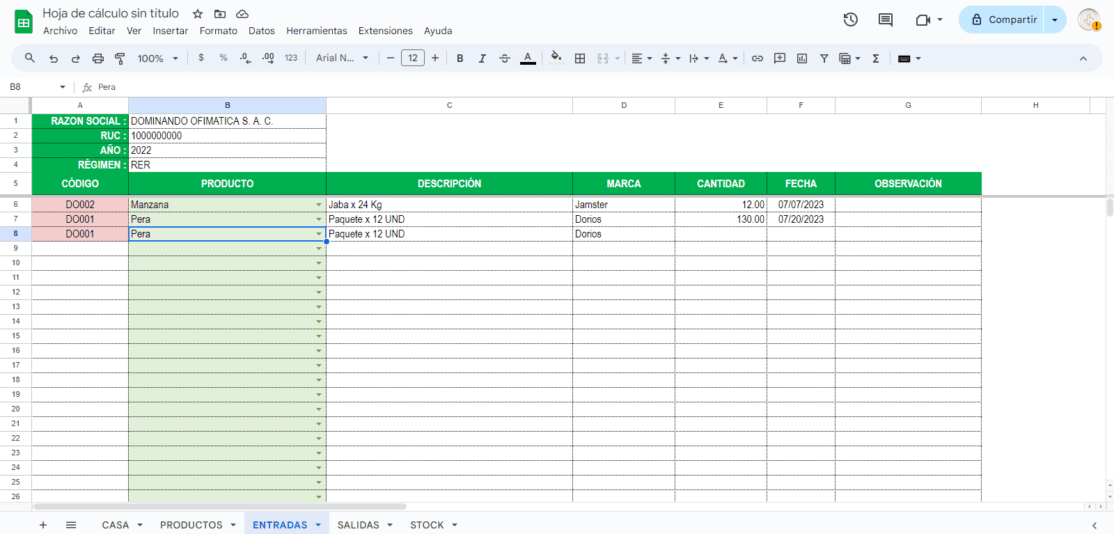 Inventario con entradas salidas y control de stock en Google Sheets - Imagen 5